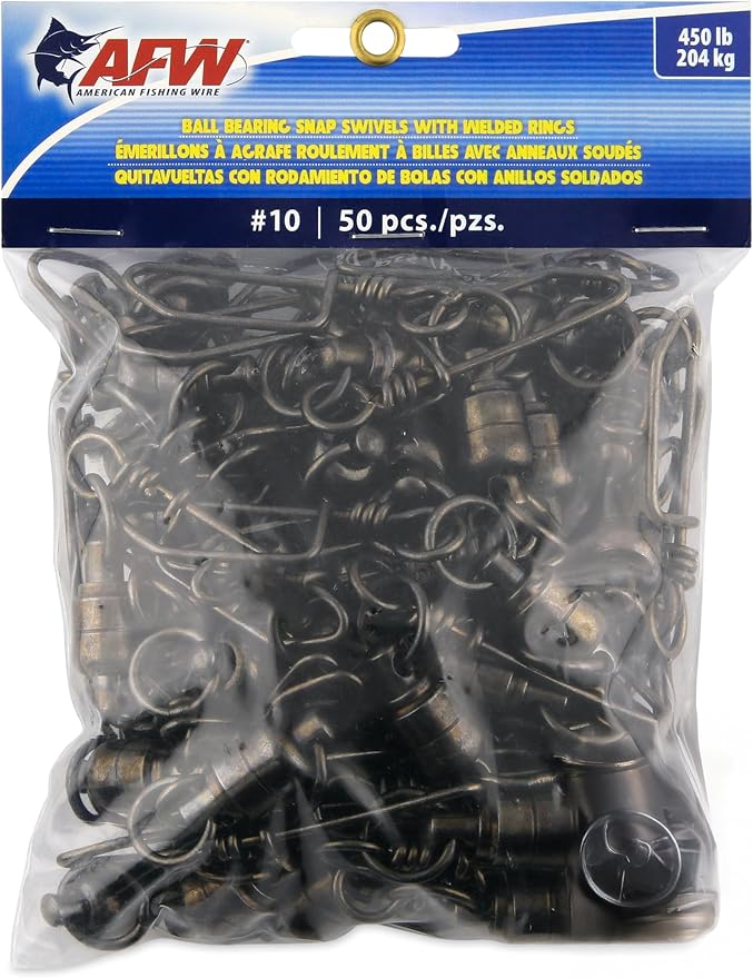 AFW Solid Brass Ball Bearing Snap Swivels with Welded Rings - Black Finish, Up to 450 lb Test Capacity, Patented Bullet Shaped Head for Reduced Water Resistance, Fluid Rotation