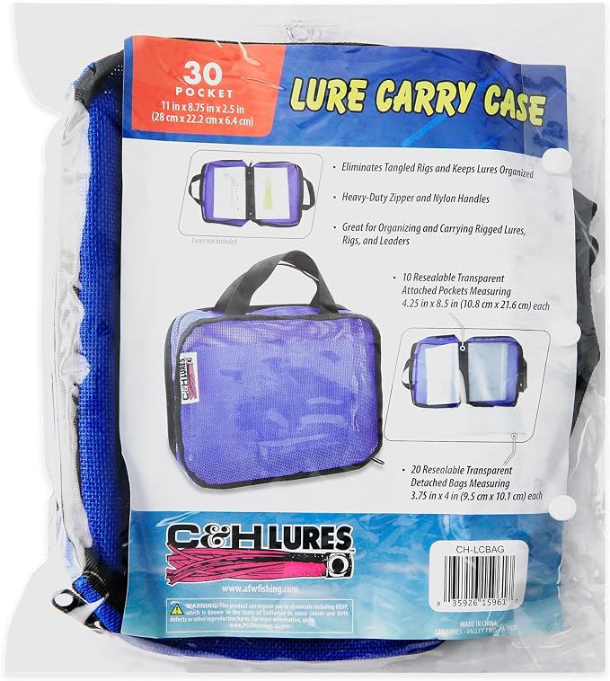 C&H Lures Lure Carry Case, 11 in x 8.75 in x 2.5 in / 28 cm x 22.2 cm x 6.4 cm, 30 Resealable Rig Bags Inside, Blue
