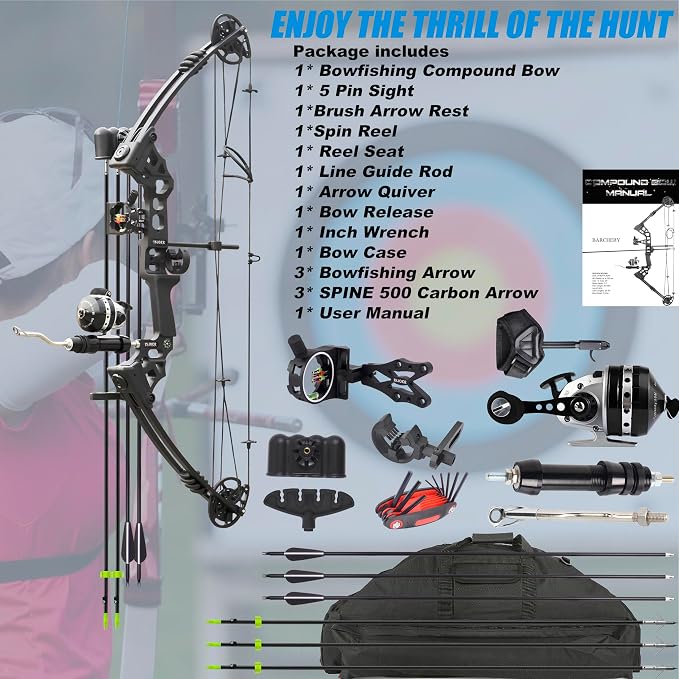 Bow Fishing Combo Kit 20-70 LBS Hunting Compound Bow Fishing Bow Set with Bowfishing Arrow and Fishing Reel for Bowfishing Archery Hunting Left & Right Handed Black
