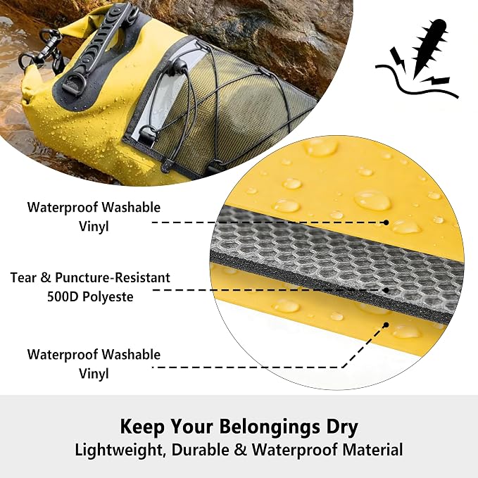 SHENDU 20L Waterproof Dry Bag - Roll-Top Backpack w/Waterproof Phone Case for Kayaking, Hiking, Camping, Boating, Beach Unisex (Yellow)