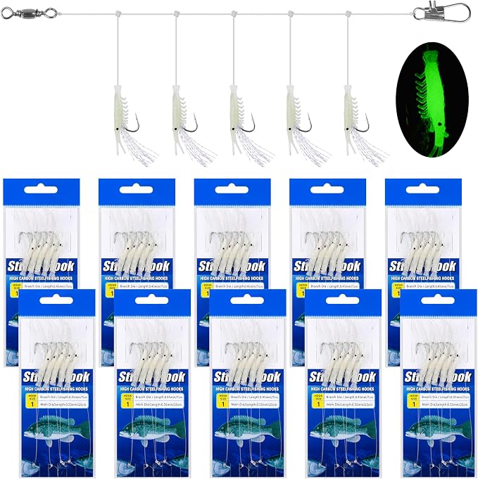 Shrimp Fishing Bait Rigs Kit, 10 Packs Saltwater Surf Fishing Rigs with 5 String Hooks Glow Soft Shrimp Lures Swivel Snap Shrimp Lure Rig for Mackerel Herring Baitfish