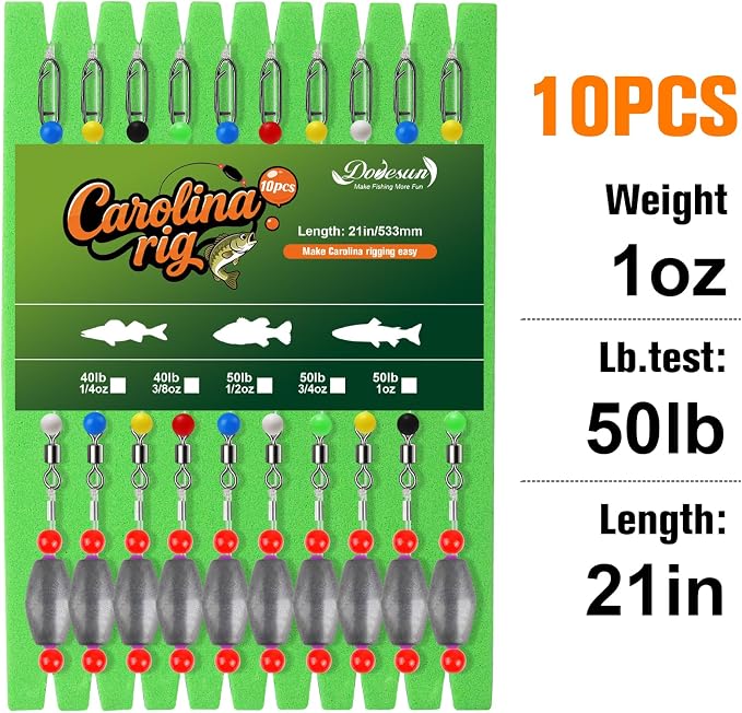 Dovesun 10/5PCS Ready Tied Carolina Rig Kit for Bass Fishing Catfish Rig Catfish Hook Kit with Bass Hooks, Swivel, Fluorocarbon Line, Weights