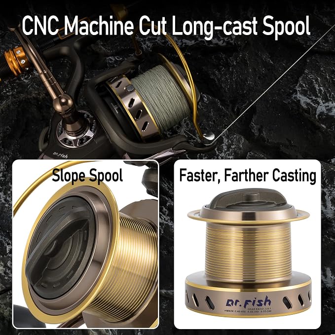 Dr.Fish Long Shot Spinning Reel, 10000/12000 Saltwater Surf Fishing Reel, 13+1 BBS, 48LB Max Drag, Ultra High Capacity, Heavy Duty Long Cast Offshore Trolling Surf Casting