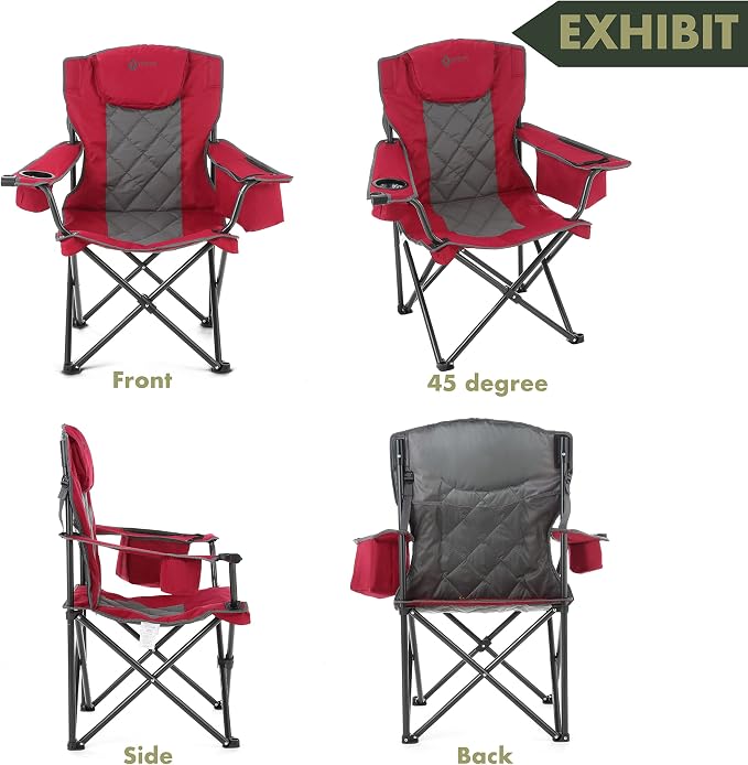 ARROWHEAD OUTDOOR Portable Deluxe Folding Camp Quad Chair w/Headrest, Glass & Cup Holders, Armest 6-can Cooler, Heavy Duty Carry Bag, 550 lbs Weight Capacity