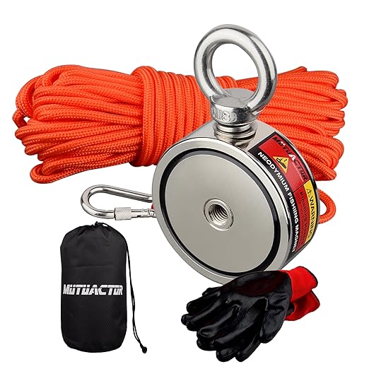 MUTUACTOR Double-Sided Fishing Magnet Kit,Combined 700lbs Fishing Magnets Heavy Duty,Dia.2.36''Permanent Neodymium Rare Earth Magnet with 65Ft Salvage Rope Sturdy Gloves Bag for Recovery Treasures