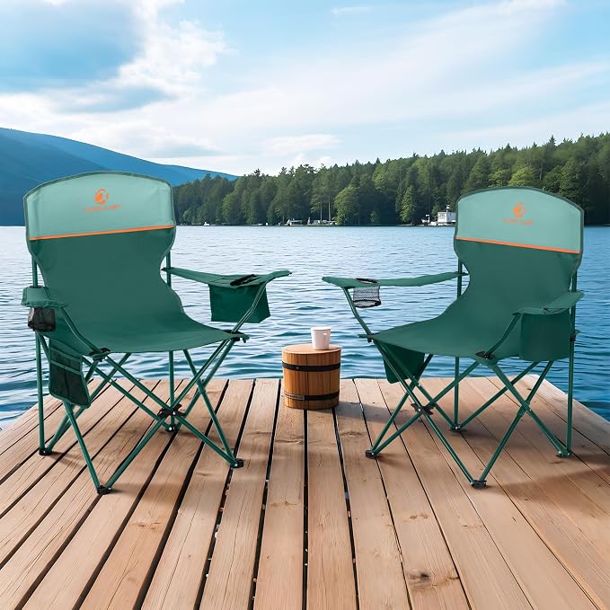 ALPHA CAMP 2-Pack Camping Chair with Cooler Bag, Heavy Duty 250lbs Capacity Folding Chair with Lumbar Support & Side Pocket, Portable Quad Chairs for Beach Fishing Tailgating & Sideline Sport