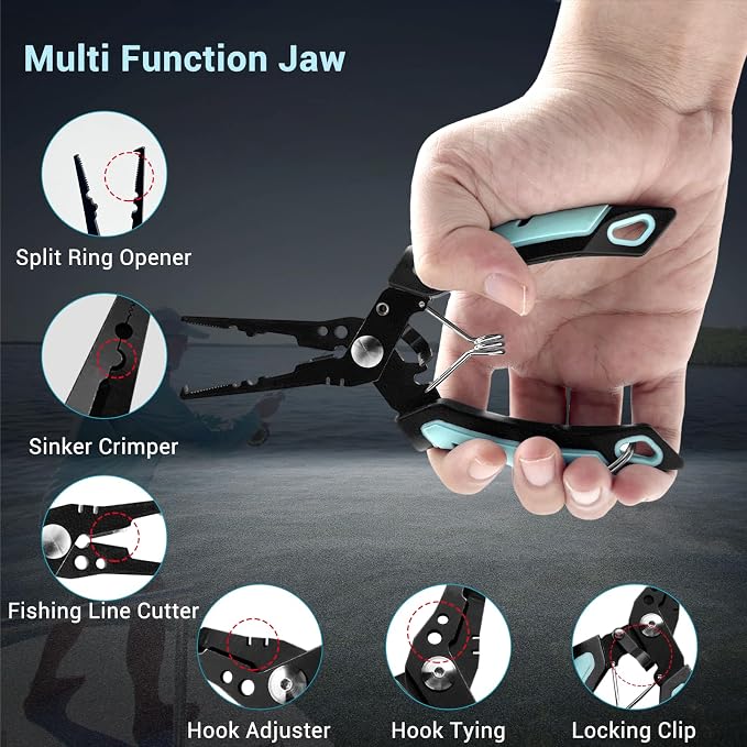 Keenjorika Multi-Function Fishing Pliers with Braided Line Cutter and Hook Remover, Ergonomic Stainless Steel Fishing Tool with Lanyard and Sheath, Outdoor Fishing Gear for Freshwater and Saltwater