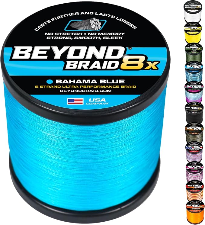 Beyond Braid Braided Fishing Line -Super Strong - Abrasion Resistant - No Stretch -Blue Camo, Moss Camo, White, Green, Pink, Blue, 4 Strand 8 Strand