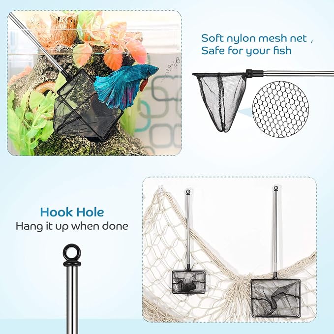 Sumind 2 Pieces Fish Tank Net Aquarium Mesh Fishes Net Long Handle Fish Nets with Extendable 12.5-27.5 Inch Stainless Steel Catch Nets for Aquarium Accessories 4 & 6 Inch