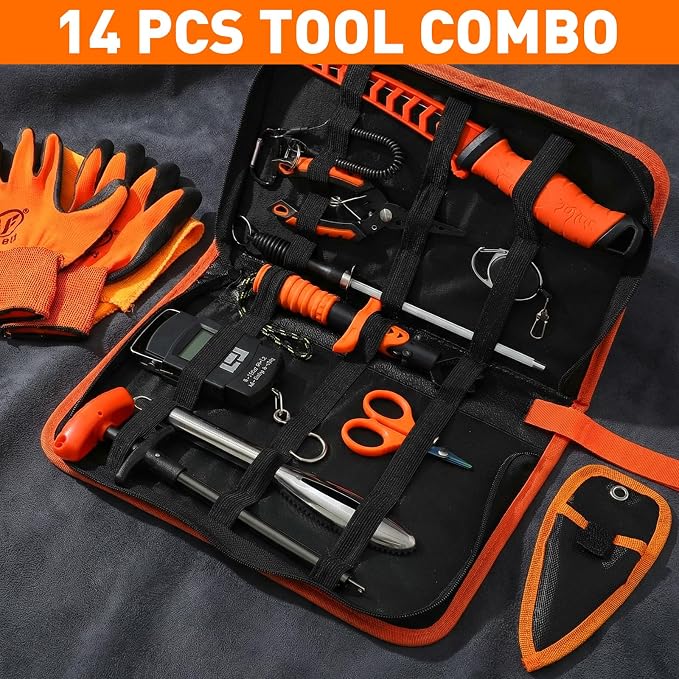RoundFunny 14 Pcs Fishing Tool Kit, Fillet Knife, Fishing Pliers with Lanyard, Digital Scale, Lip Gripper, Hook Remover Fish Scaler Braid Scissors Gloves Sharpening Rod Retractor Towel Bag