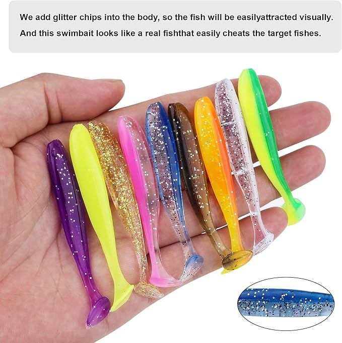 Soft Fishing Lures，90pcs Fishing Soft Plastic Lures and 5pcs Fishhook,Paddle Tail Swimbaits Soft Plastic Lures Kit for Bass Trout Walleye Crappie
