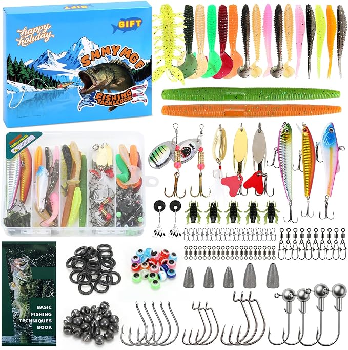 Fishing Tackle Box Kit with Fishing Techniques Book,142Pcs Lures Set Including Plugs,Spoon,Hooks, and Accessories,Saltwater & Freshwater Gear for Bass,Trout, Salmon. (142pcs Fishing Tackle Box)