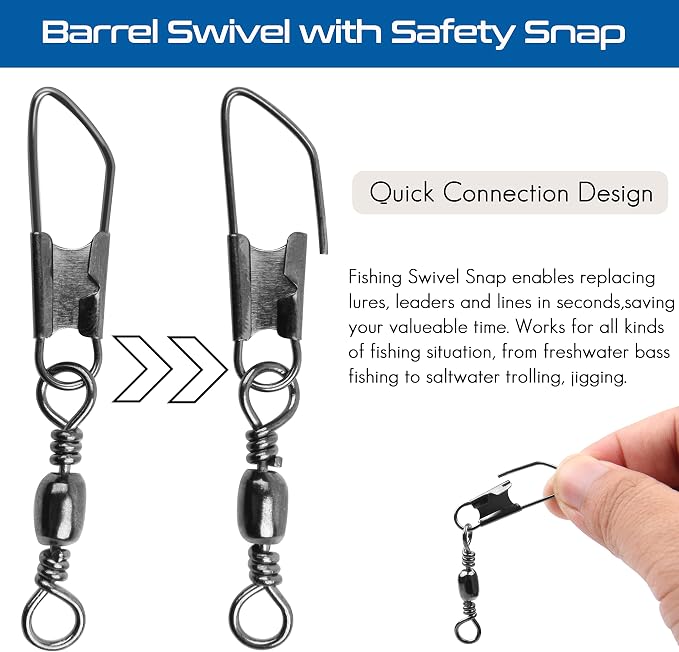 AGOOL Barrel Swivel Snap Kit - 50pcs Barrel Swivels with Safety Snaps High Strength Fishing Quick Connect Snap Swivels with Solid Ring Fishing Tackle Accessories Box Kit Size 4#,6#,8#,10#,12#,14#