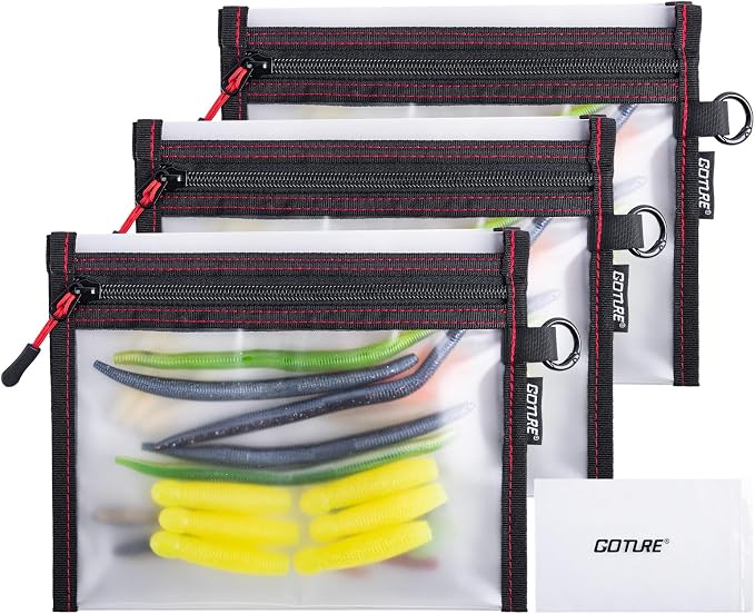 Goture 3Pcs Waterproof Fishing Lure Bags, Clear Fishing Bait Storage Pouches, Soft Plastic Tackle Organizer Bags for Freshwater & Saltwater, Heavy Duty Fishing Gear Pouches for Jig, Worm, Swimbait