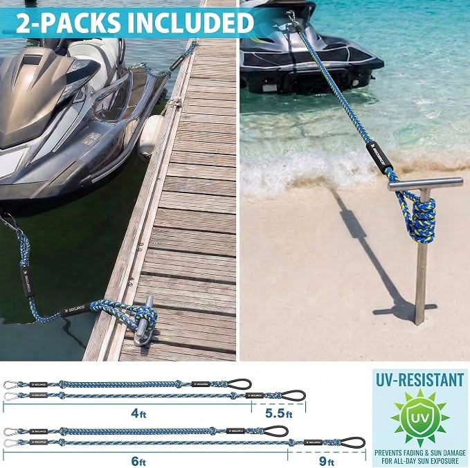 Obcursco Bungee Dock Lines for Boat, Docking Rope with 316 Stainless Steel Clips, Accessories for Jet Ski, PWC, SeaDoo, Pontoon, Center Console, Sets of Two(4ft & 6ft) (Yellow/Blue)