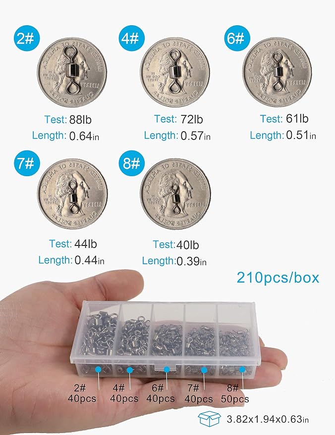 Fishing Barrel Swivels Set, 210pcs Rolling Bearing Snap Connector for Saltwater Freshwater Fishing