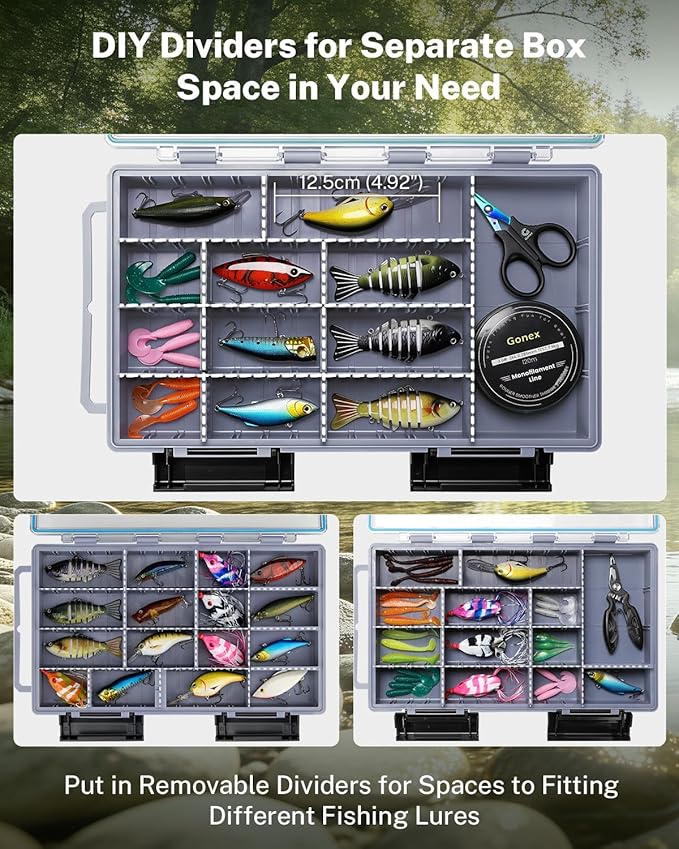 Gonex Fishing Tackle Boxes, 2-Pack Waterproof 3700 Tackle Trays with Adjustable Dividers, Portable Clear Plastic Tackle Organizers with DIY Dividers for Lures, Hooks, Bass Gear, Gray