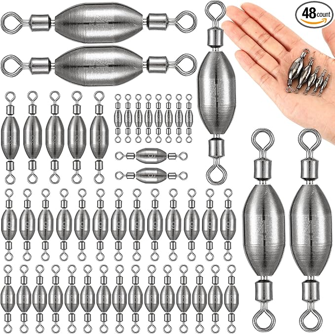 Seenelling 48 Pcs Trolling Sinkers with Swivels Brass Fishing Sinker Different Sizes Egg Sinkers Fishing Weights Saltwater Bullet Sinker with Swivel Rolling Removable Freshwater