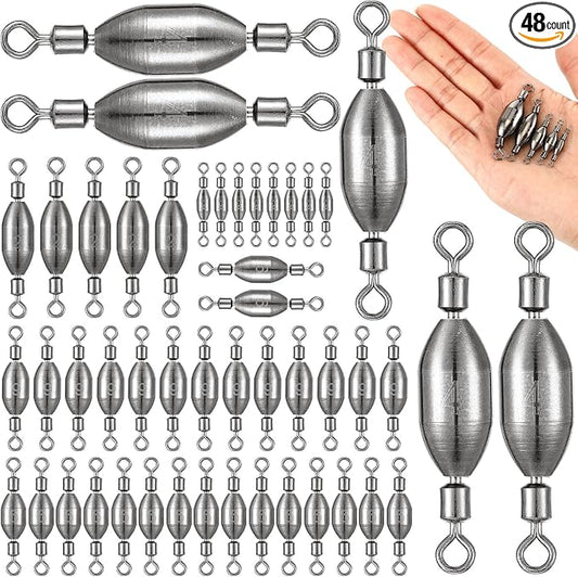 Seenelling 48 Pcs Trolling Sinkers with Swivels Brass Fishing Sinker Different Sizes Egg Sinkers Fishing Weights Saltwater Bullet Sinker with Swivel Rolling Removable Freshwater