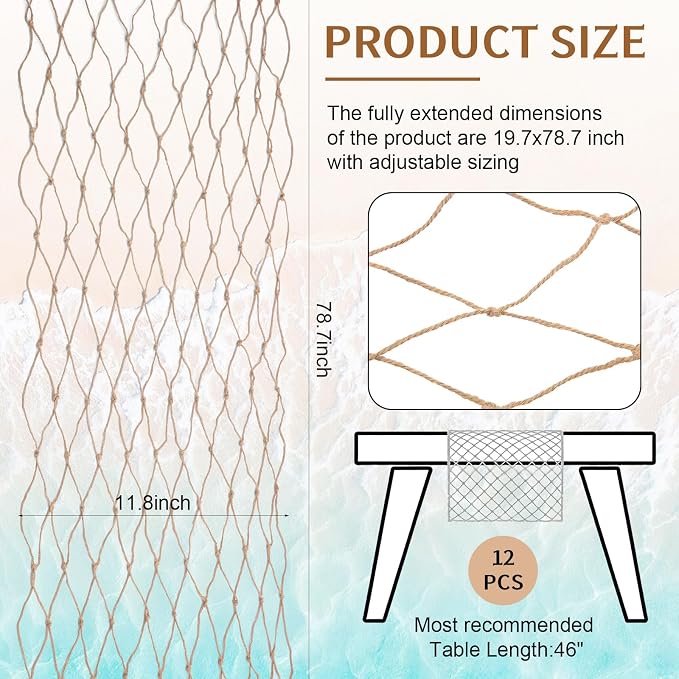 SATINIOR 12 Pcs Fish Net Party Decorations Fishing Net Table Runner 12x72'' Decorative Nautical Cotton Fishnet for Pirate Mermaid Hawaiian Ocean Beach Under the Sea Themed Party Decor (Linen)