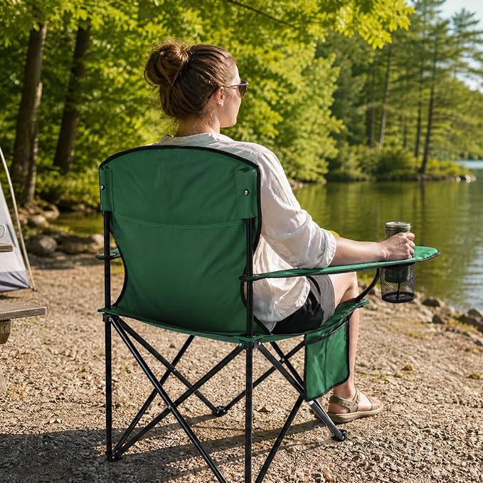Camping Chairs for Adults 400LBS Capacity, 2 Pack Heavy Duty Folding Chair with 4-Can Cooler Bag, Portable Outdoor Chair with Cup Holder, Collapsible for Tailgating, Beach, Fishing, Green