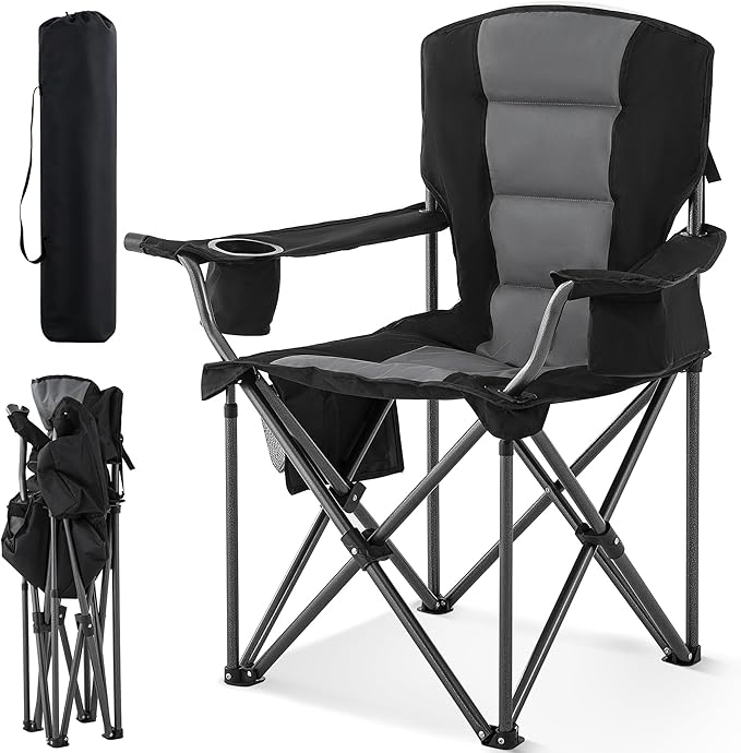 Portable Camping Chair for Adults Heavy Duty 450LBS Thick 600D Oxford Fabric Outdoor Oversized Camping Chairs with Cup Holder and Ice Bag for Sports, Fishing, Lawn (Black & Dark Gray)