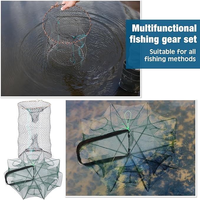 6 Pcs Fishing Net Trap Portable Folded, Crab Trap Minnow Trap, Fishing Landing Net with Telescoping Pole Handle, Casting Net Bait Trap with Heavy Duty Sinker and Storage Bucket