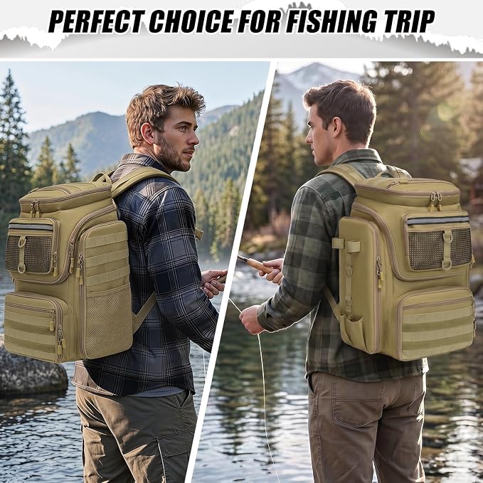 HAMBOLY Fishing Backpack 45L with Rod Holders, Water-Resistant Tackle Backpack for Fishermen, Large Capacity Fishing Gear Bag for Travel Hiking Camping