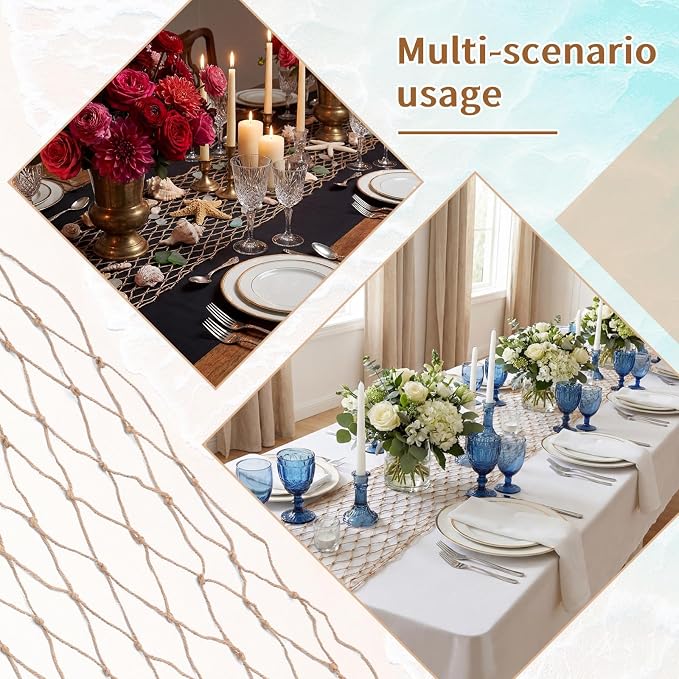 SATINIOR 6 Pcs Fish Net Party Decorations Fishing Net Table Runner 12x72'' Decorative Nautical Cotton Fishnet for Pirate Mermaid Hawaiian Ocean Beach Under the Sea Themed Party Decor (Linen)