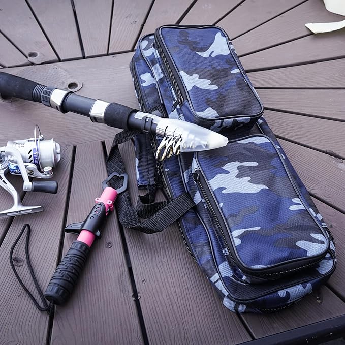 mouhike 17-inch Fishing Tackle Carrier Bag with 2 Front Storage Pockets for Telescopic Rod, Travel Large Capacity Carry Handbag for Collapsible Fishing Tool Accessory