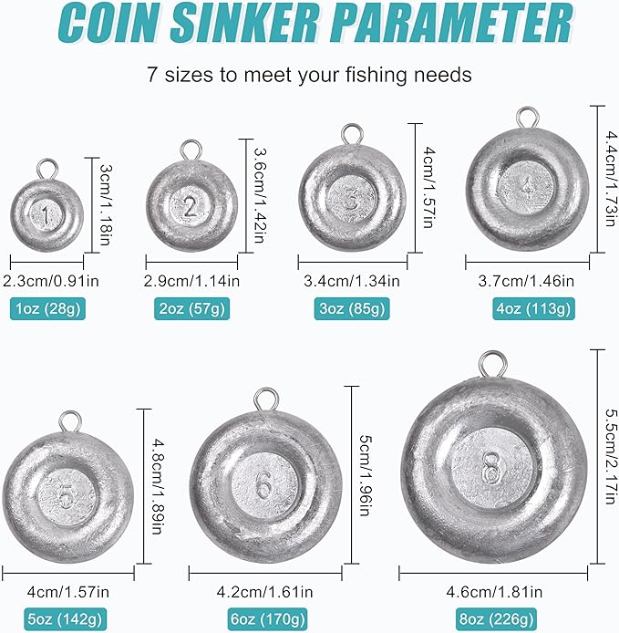 Disc Sinkers Fishing Weights, Coin Fishing Sinkers Weights Saltwater Surf Fishing Weights Bottom Drifting Trolling Catfishing Fishing Sinkers Saltwater Gear Tackle 1oz 2oz 3oz 4oz 5oz 6oz 8oz