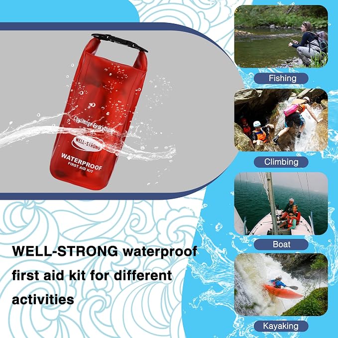 Boat First Aid Kit Waterproof, WELL-STRONG Marine Emergency Kit with Roll Top Dry Bag for Boating Fishing Kayaking – Water-Resistant Contents for Camping & Beach（Transparent Red）