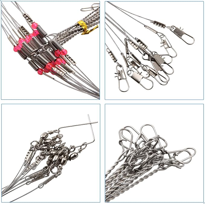 Fishing Leader Saltwater Freshwater,Stainless Steel Fish Rig with Swivel Snap Beads Connector Lure Bait and Hooks Fish Trace Lure Steel Wire Fishing Tackle Kit