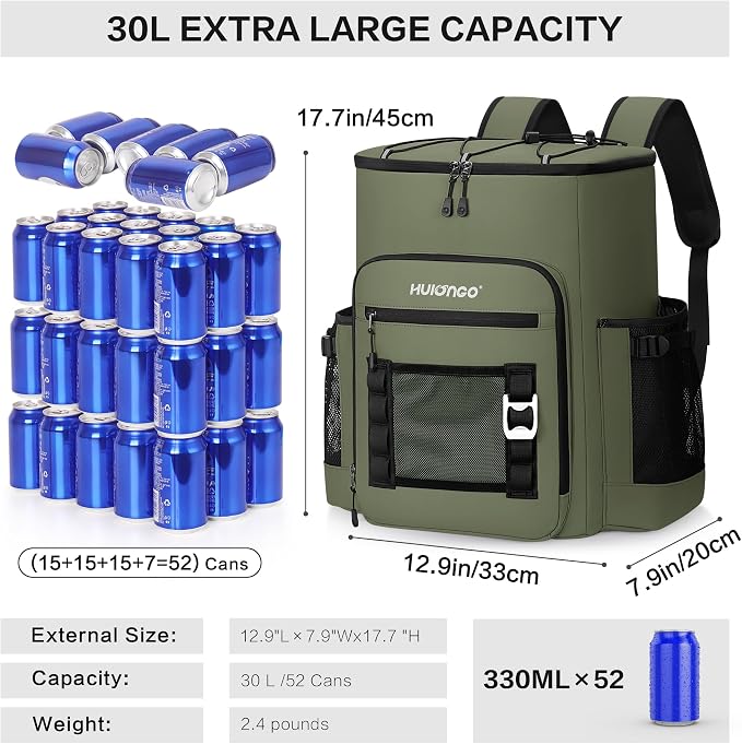 Hulongo Cooler Backpack, 30L Insulated Leakproof Soft Cooler Bag for 52 Cans, Lightweight Backpack for Beach, Picnic, Camping, Hiking, Fishing and Travel
