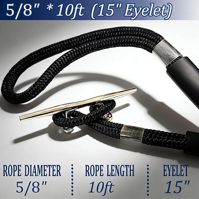 Boat Dock Lines, 5/8" x 10ft Double Braided Nylon Docking Line with Loop, Marine Grade Boats Mooring Rope, Boating Accessories