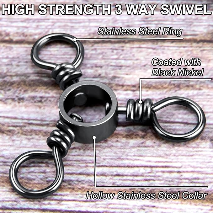 Alwonder 100-Pack 3 Way Swivels Fishing Tackle, 28-143LB Stainless Steel Black Nickel Three Way Swivel Fishing Swivels Connectors Saltwater Freshwater Surf Deep Drop Catfishing Rigs Tackle