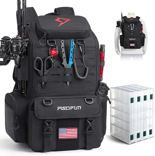 Piscifun 52L Fishing Tackle Backpack with Rod Holders & 4 Tackle Boxes, Large Tackle Bag for Gear Storage with Rain Cover