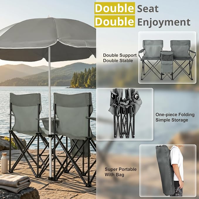Double Camping Chair with Removable Umbrella, 2-Person Portable Folding Chair with Built-in Cooler Bag, Cup Holders & Storage Pockets, Heavy Duty Loveseat for Beach, Picnic, Fishing, Grey