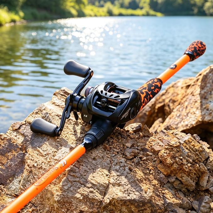 Sougayilang DC Baitcaster Combo - Digital Anti-Backlash Control, 7.2:1 Gear Ratio, 18.5LB Drag with IM7 Graphite 2-Piece Rod, EVA Handle, Stainless Steel Guides for Bass, Trout – Beginner Friendly