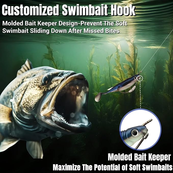 20Pcs Weighted Bass Fishing Hooks Set, Customized Swimbait Hooks Wide Gap Weedless Worm Fish Hook with Molded Bait Keeper 1/0 2/0 3/0 4/0