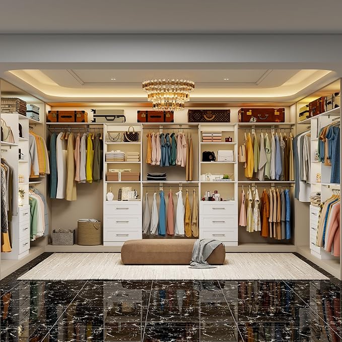 Closet System with 9 Drawers, 8.5FT-18FT Closet Organizer System Storage Storage Adjustable with 9 Cuttable Shelves for Walk in Closet with 9 Expandable Hanging Rods, 3 Sets , White