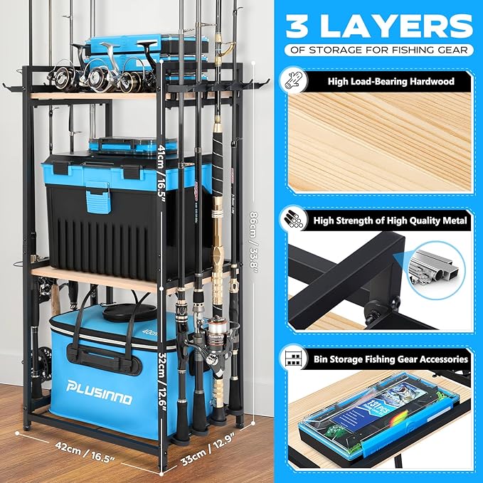 PLUSINNO 3 Tier Fishing Rod Holder, Fishing Pole Holders for Garage, Fishing Rod Rack Fishing Rod Storage Up to 8 Rods, Fishing Gear Tackle Box Fishing Equipment Organizers, Fishing Gifts for Men