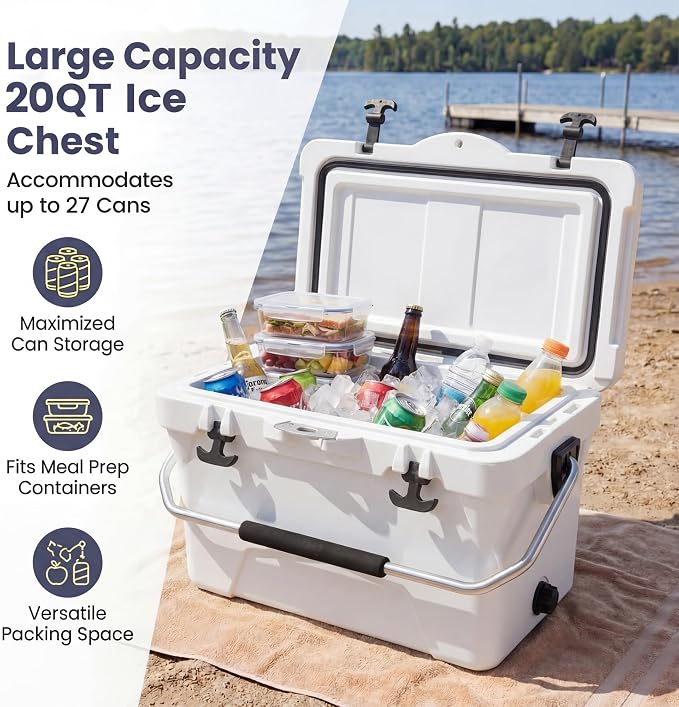 COSTWAY Portable Insulated Hard Cooler – Keeps Ice Up to 6 Days, Heavy-Duty Outdoor Ice Chest with Cup Holders, Built-in Fish Ruler & Bottle Opener for Camping, Fishing, Beach, Tailgating