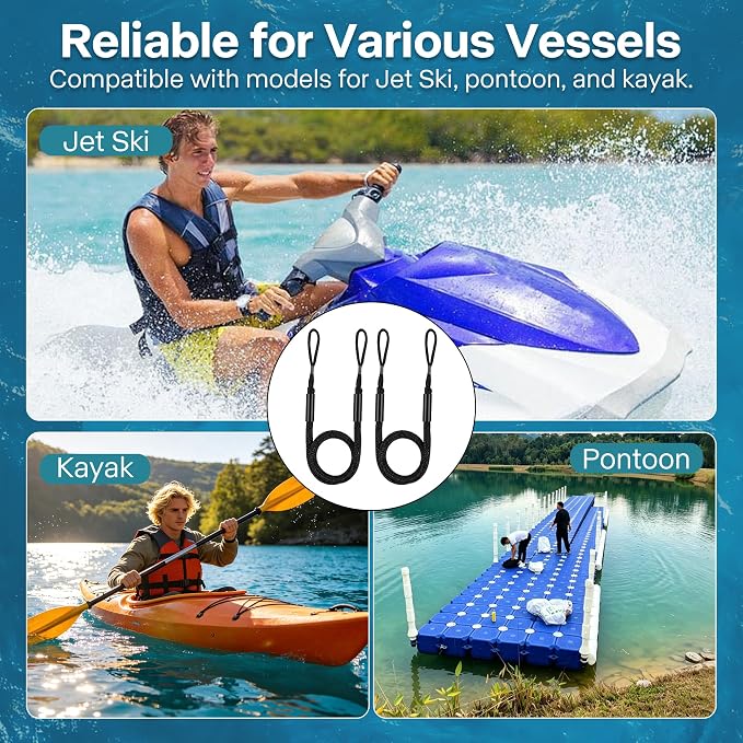 Boat Bungee Dock Lines, Scratch-Free Loop Ends Mooring Rope, Shock Absorbing Pontoon Tie Down Accessories Compatible with Models for Jet Ski（4ft-2 Pack-Black）