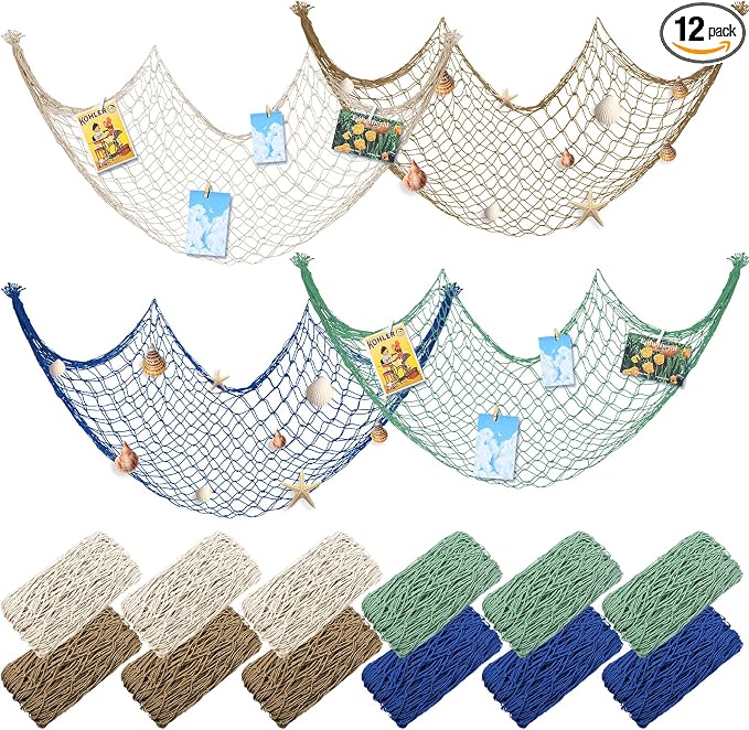 12 Pack Decorative Fish Netting for Party 80 x 40 Inch Natural Cotton Fish Net Decorations for Pirate Ocean Under The Sea Hawaiian Mermaid Party Picture Wall Hanging Decoration(Classic Color)