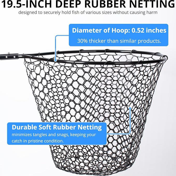 High Strength Large Landing Net - Rubber Fishing Net with Long Telescoping Handle & Soft Rubber Netting, Landing Nets for Fishing, Ideal for Boat, Pier, River Angling
