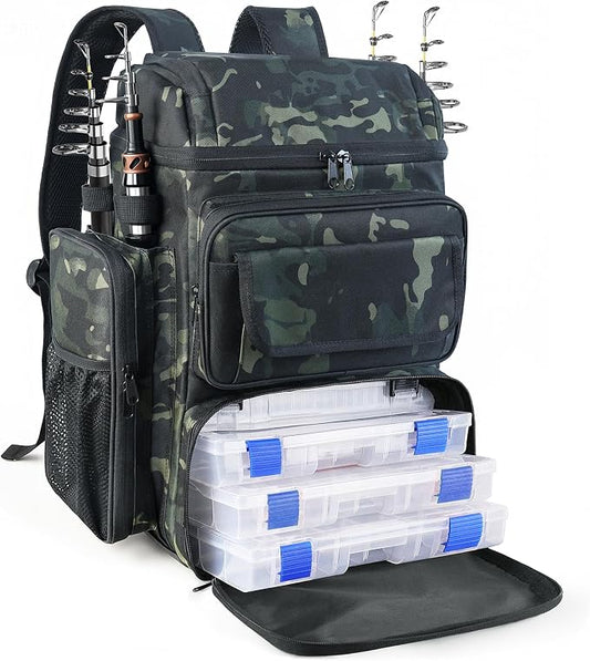 Fishing Tackle Backpack With Rod Holders, 45L Large Tackle Bag & Fishing Tackle Backpack for Fishing,Camping, Hiking,Camouflage Green