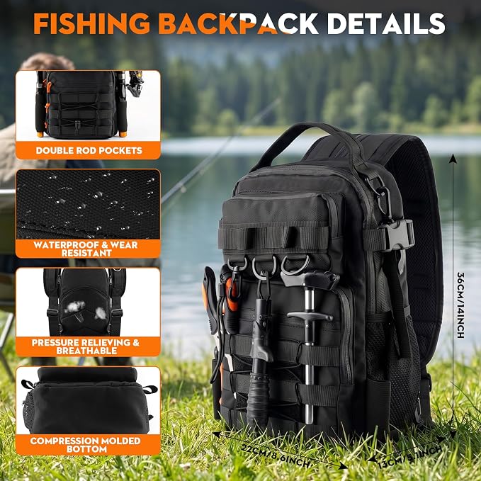 Fishing Backpack with Spinning Rod Reel Combos Tackle Box,Portable Travel Fishing Rods Kit,Fishing Sling Tackle Bag with Rod Holders,Fishing Gear Gifts for Men with Fishing Lures,Pliers