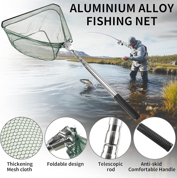Yeahmart Fishing Landing Net with Telescopic Aluminum Handle Pole, Collapsible Nylon Mesh Minnow Fish Net for Saltwater & Freshwater, Portable Fishing Gear for Kids, Men, Women, Extends 21-75 Inches