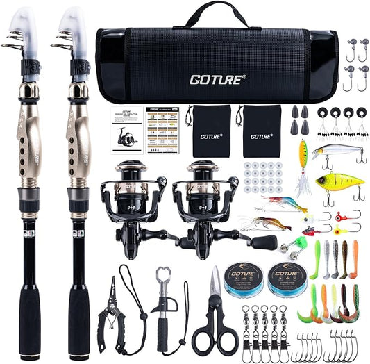 GOTURE Telescopic Fishing Rod and Reel Combos, Carbon Fiber Travel Fishing Pole, 9+1 BB Spinning Reel, Saltwater Freshwater Fishing Gear Kit with Braided Line, Lures, Carrier Bag for Bass Trout